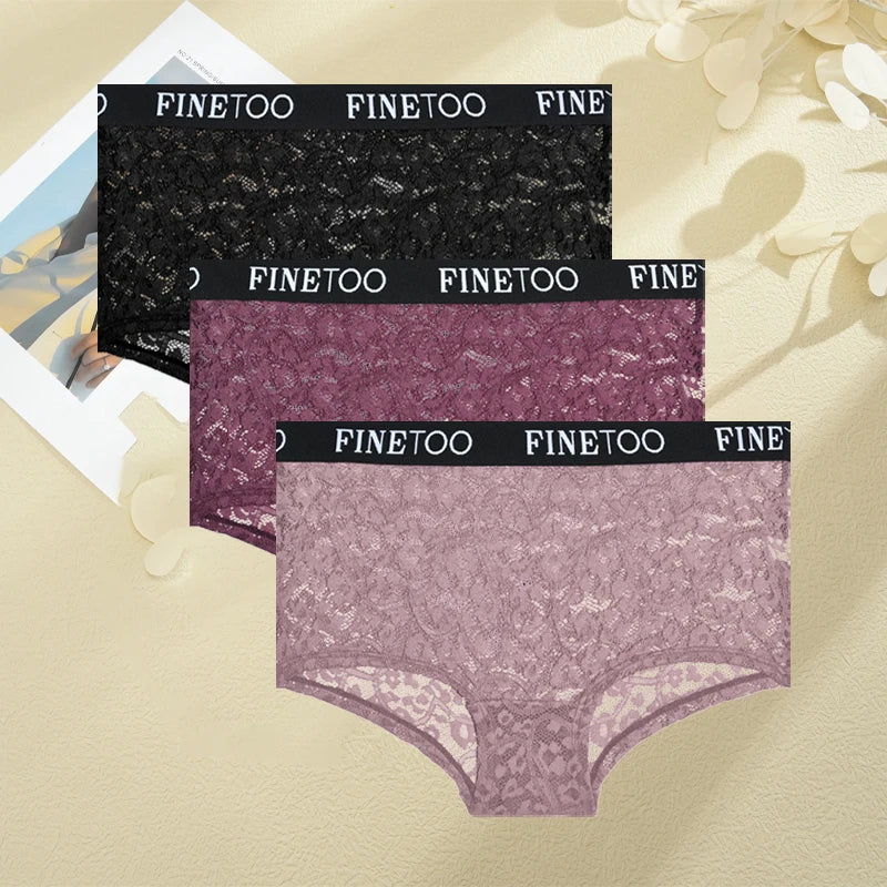 FINETOO 3Pcs Lace Hollow Out Boyshorts Underwear Women's Elastic Belt Panties Sexy Transparent Floral Briefs Breathable Lingerie