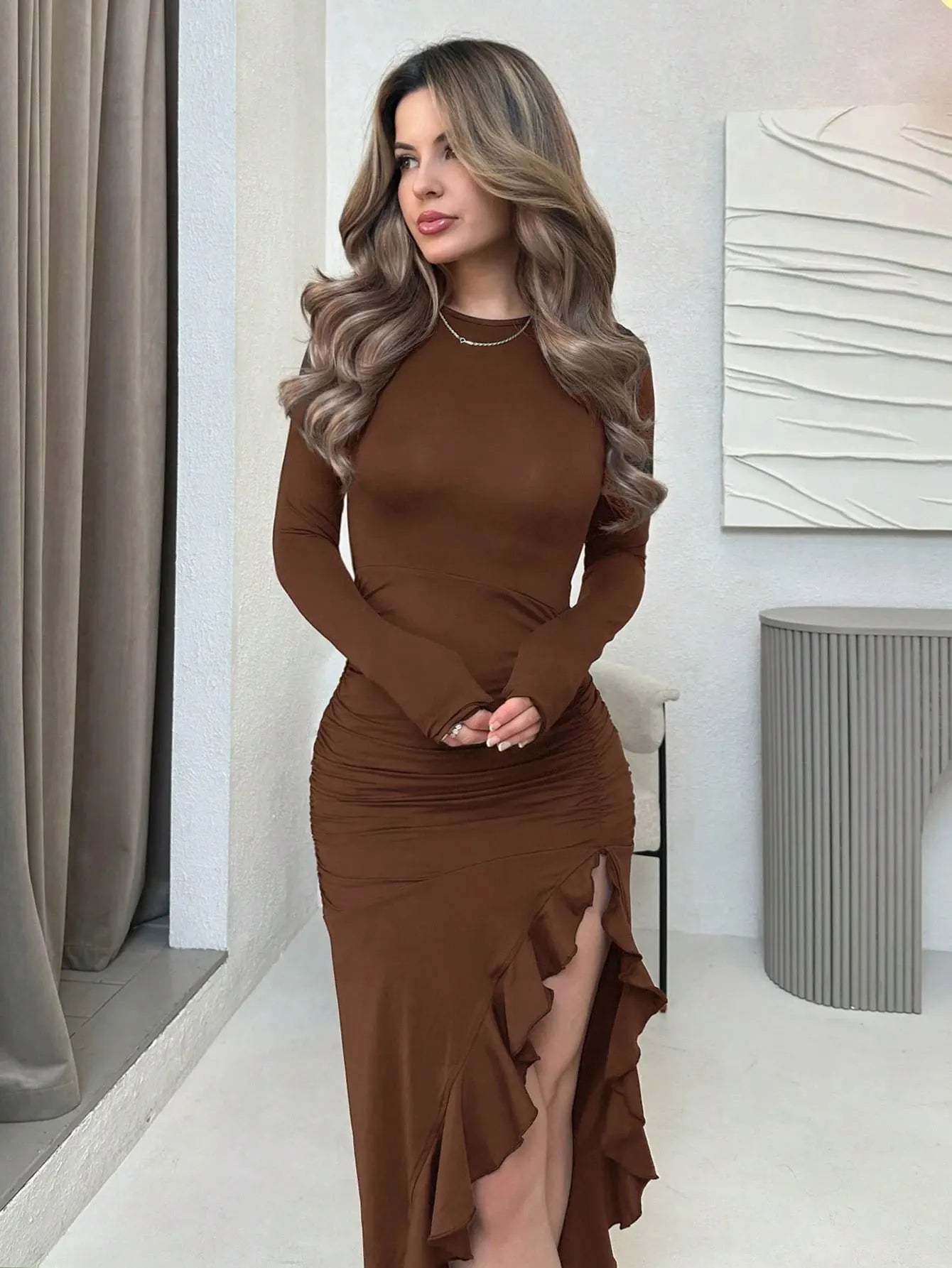 Women's Spring/Summer Round Neck Solid Color Sexy and Elegant Bodycon Ruffle Hem Long Sleeve Asymmetrical High Slit Dress