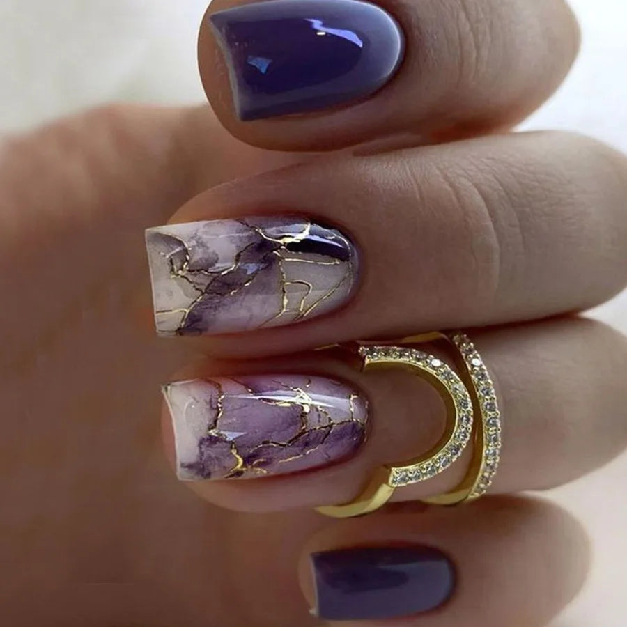 Short Square Press-On Nails - Purple Floral & Gradient French, 24 Pieces