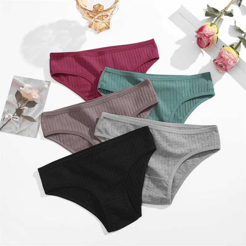 FINETOO 3PCS/SET Cotton Ribbed Striped Underwear for Women Plus Size 10 Soild Colours Stretch Briefs Ladies Soft Lingerie S-7XL