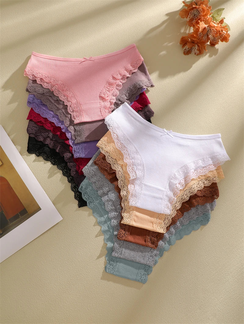 FINETOO 6PCS Women's Cotton Lace Underwear Sexy Crossed Belts Brazilian Panties Female Low Rise Breathable Briefs Soft Lingerie