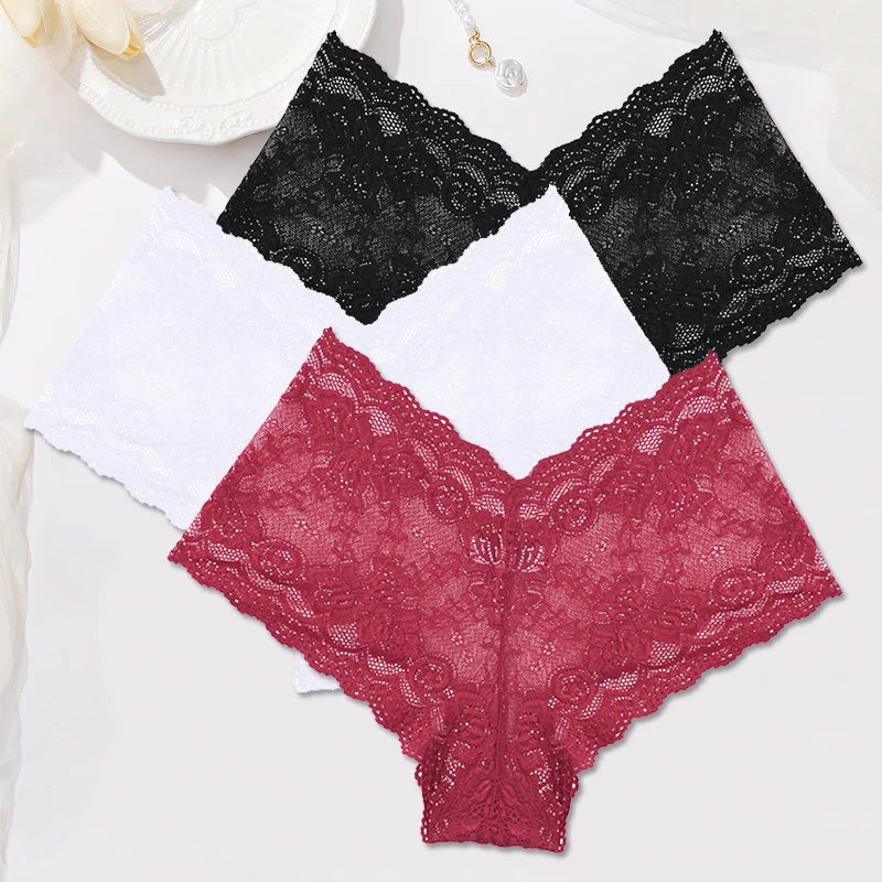 3-Pack Floral Lace Boyshort Panties – Low-Rise Ultra-Thin Underwear for Women (S–XL, 10 Color Sets)