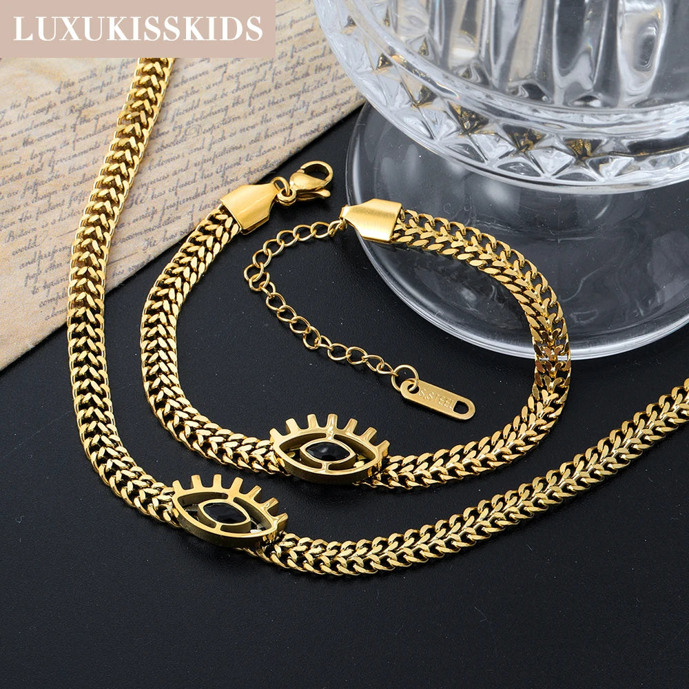 LUXUKISSKIDS Fashion Cubic Love Heart Minimalist Jewelry Set Necklace Earrings Bracelets Stainless Steel Women Party Accessories