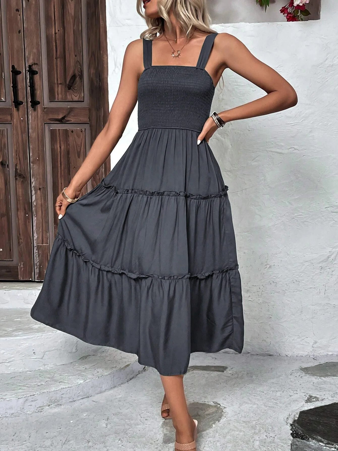 Women's Ruched Bust Ruffle Hem Sleeveless Slip Dress - Summer Sexy Bodycon Tube Strap Dress for Party Beachwear