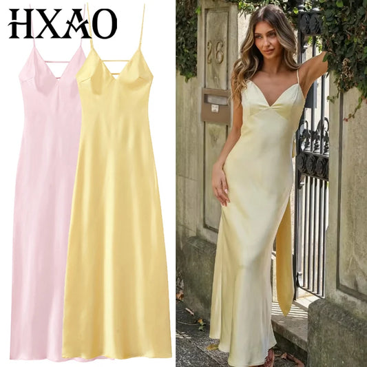 Satin Slip Dress – V-Neck Backless Sleeveless Midi