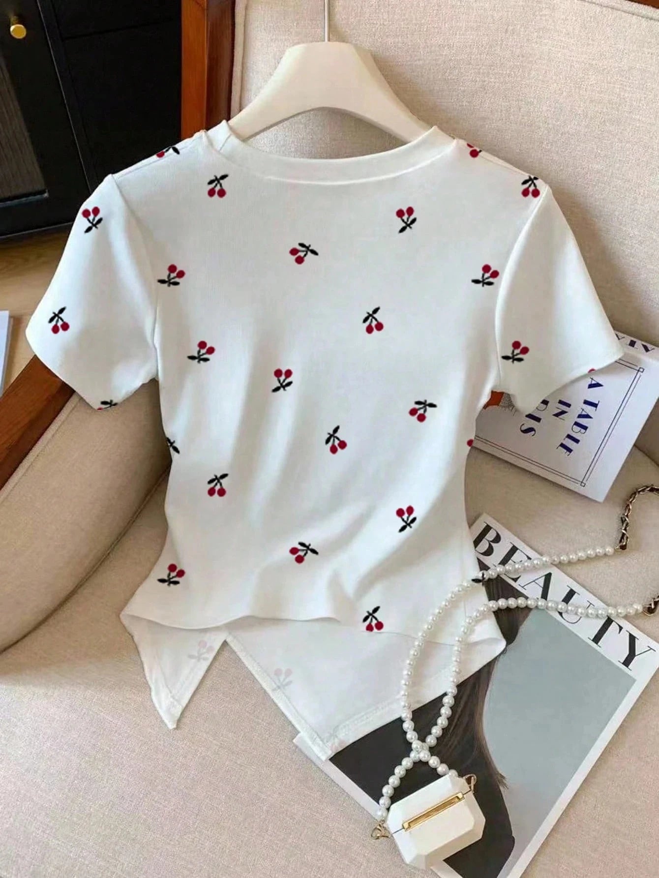Ladies Spring Summer Casual Cherry Print Short Sleeve T-Shirt Asymmetrical Hem Base Shirt Bottoming Top