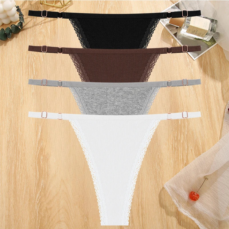 Women's Cotton Lace G-String Thongs – 4-Piece Set | Low Rise Adjustable Waistband Hipster Underwear (S–XL)