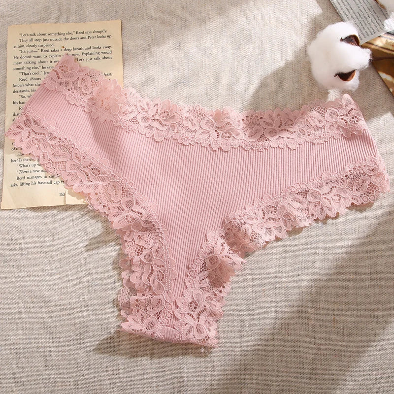 Lace Splicing Brazilian Bikini Panties – Cotton Crotch Low-Rise Underwear for Women (S–XL, 6 Colors)