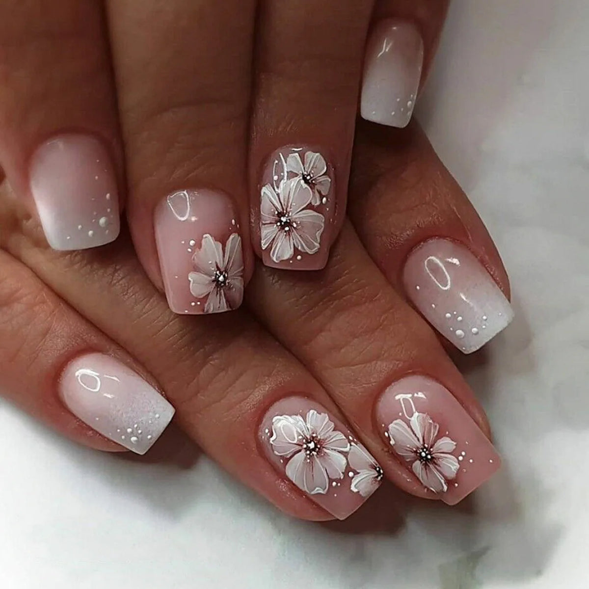 Short Square Press-On Nails - Purple Floral & Gradient French, 24 Pieces