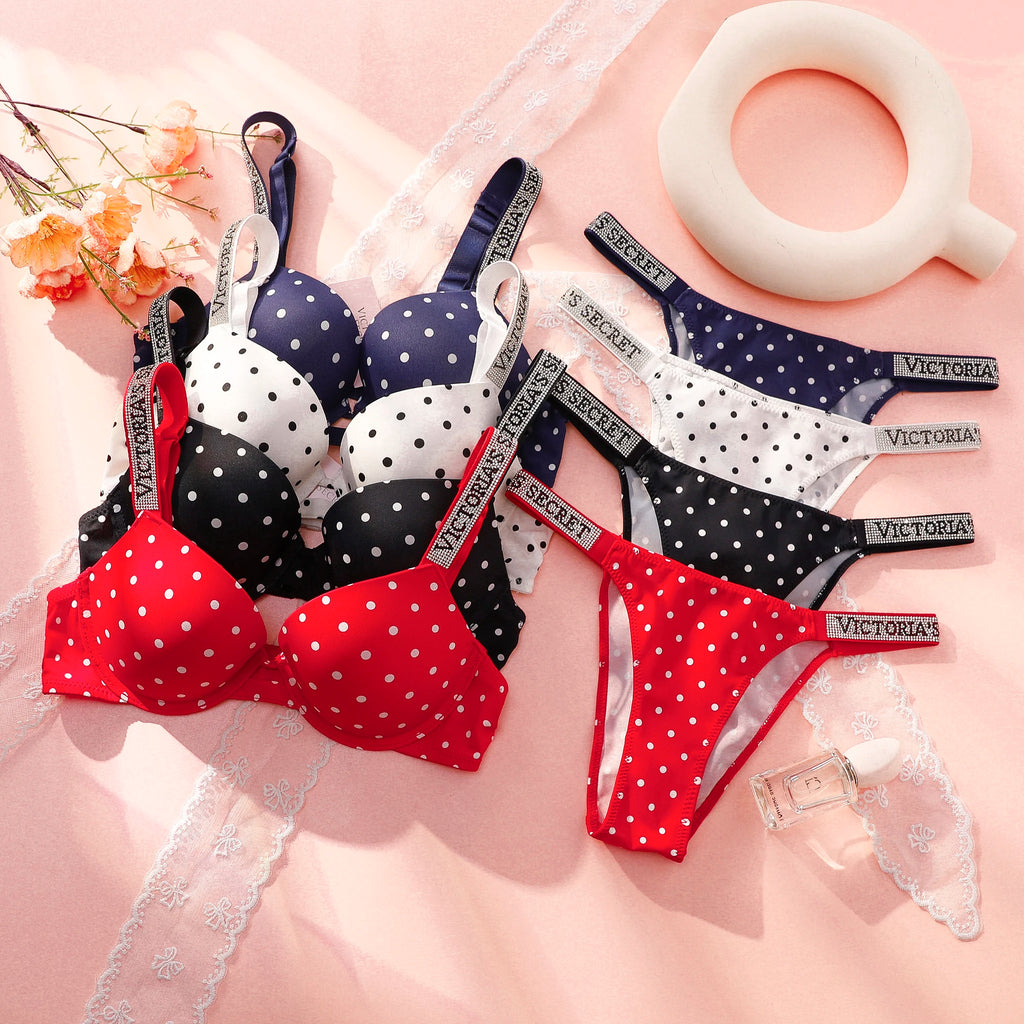 Women's Polka Dot Lace Push-Up Bra & Panty Set – Seamless Underwire Lingerie