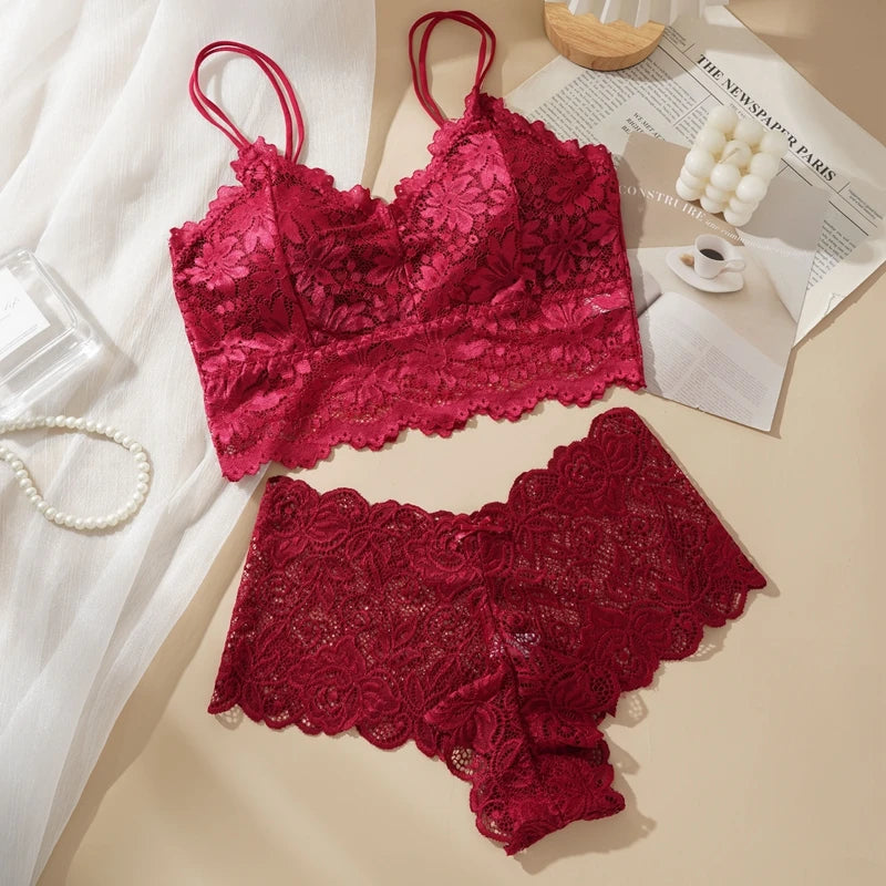 Floral Lace Longline Bralette & Boyshort Set — Wire-Free Padded | Women's Lingerie