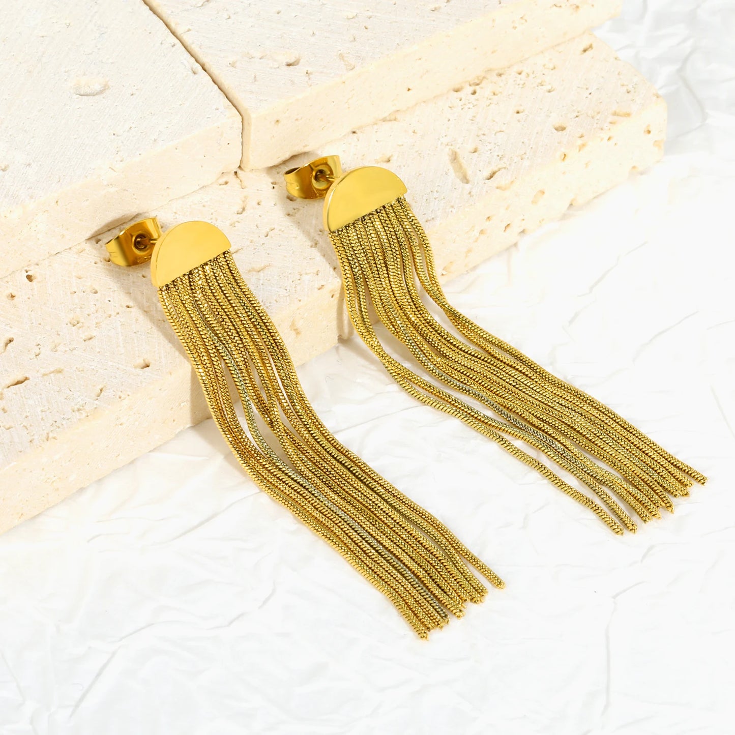 Long Tassel Drop Earrings – 18K Gold-Plated Stainless Steel Dangle Earrings for Women
