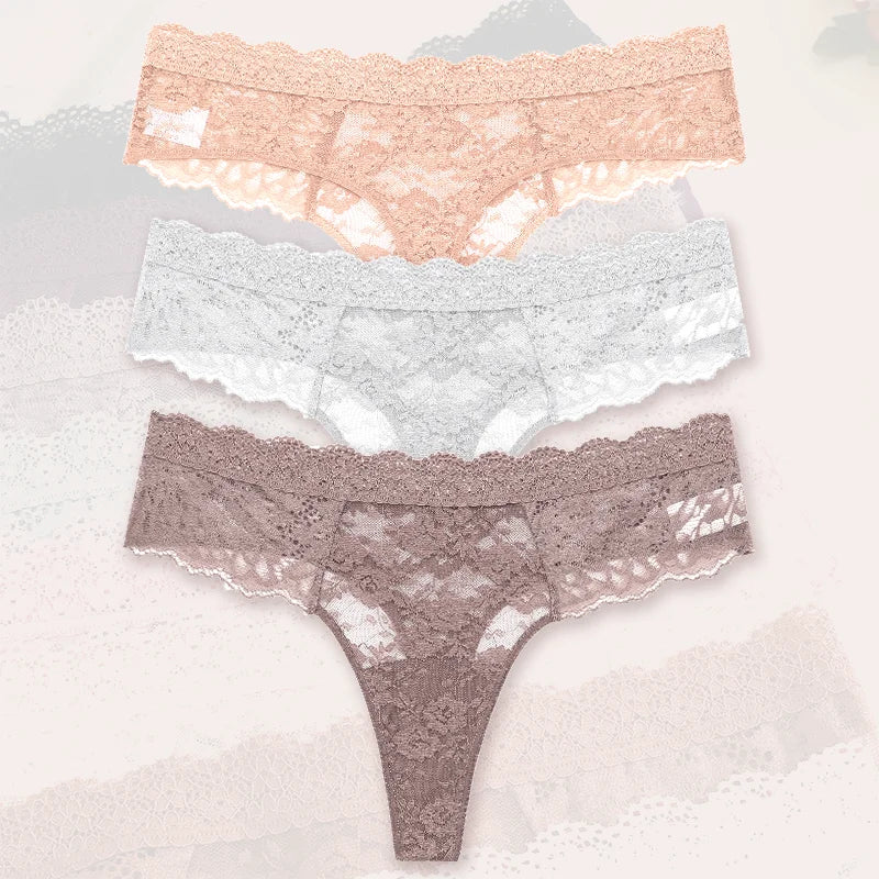 3Pcs Lace Sexy Thongs Women Low-Rise Briefs Sexy Soft Ladies Underwear Trendy Floral Underpants Female Flowery Panty Lingerie