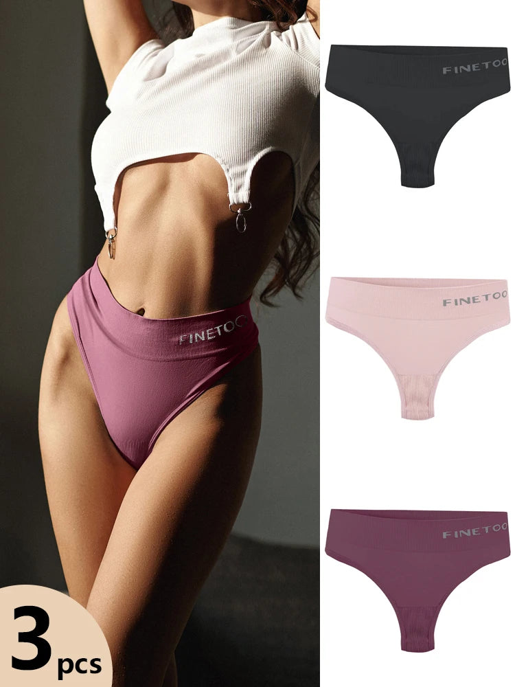 FINETOO 3pcs Women's Stretchy Panties Sexy High Waist Thongs Plus Size Underwear for Female Breathable Solid Soft Lingerie M-2XL