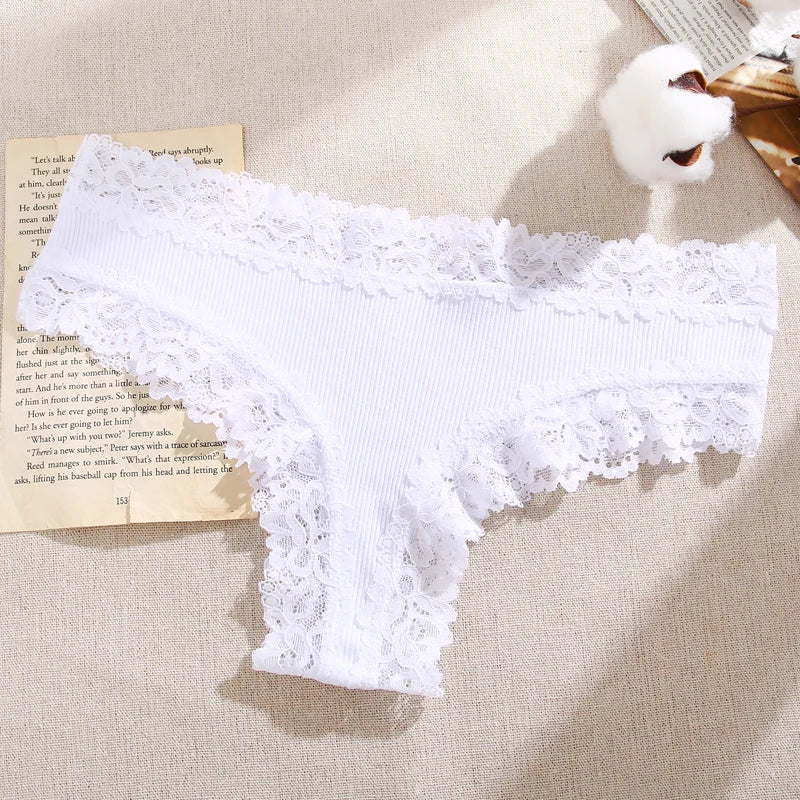 Lace Splicing Brazilian Bikini Panties – Cotton Crotch Low-Rise Underwear for Women (S–XL, 6 Colors)