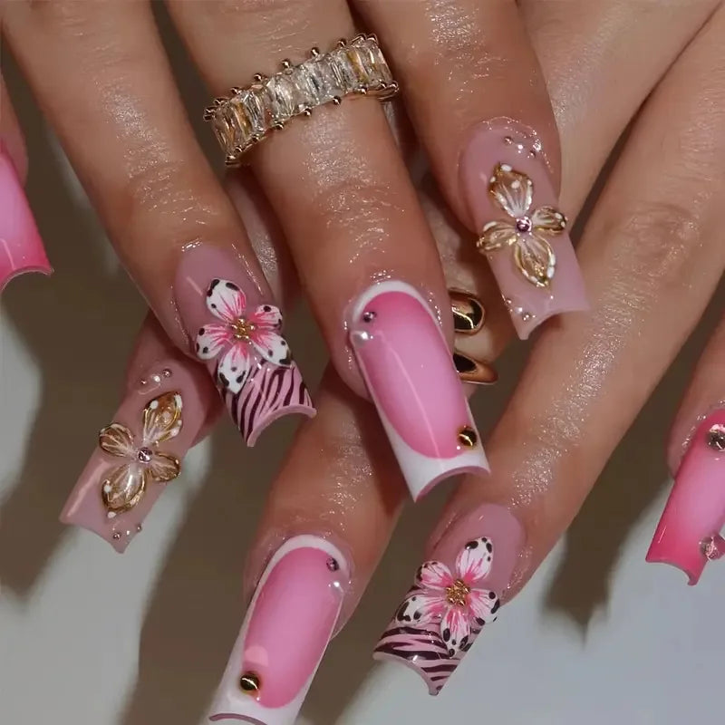 Medium Square Press-On Nails with Adhesive - Blush Pink Floral & French, 24 Pieces