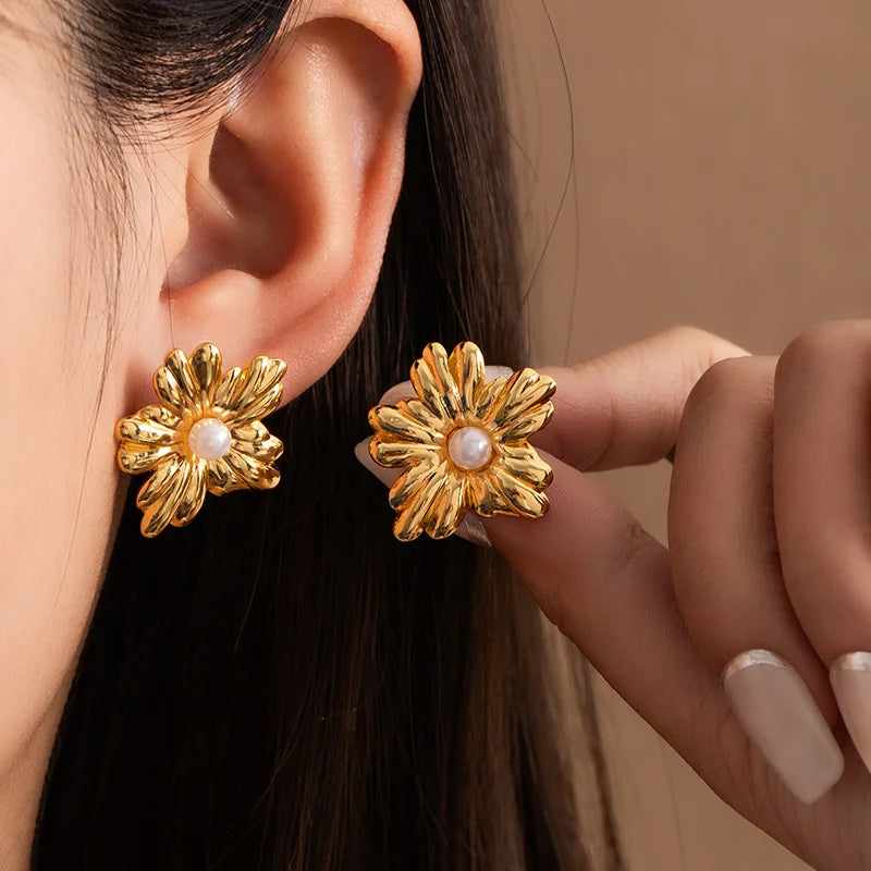 Fairy Flower Stud Earrings – 18K Gold-Plated Stainless Steel for Women