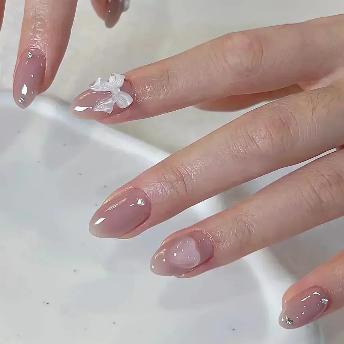 Short Press-On Nails - French Tip, Bow & Glitter Designs, 24 Pieces