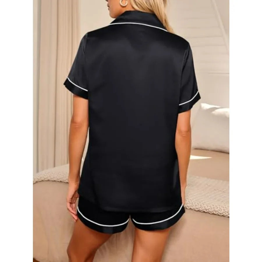 Silk Satin Pajama Set — Button-Down Shirt & Shorts | Women's Sleepwear