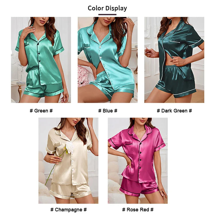 Satin Pajamas Set — Short Sleeve Button Top & Shorts | Women's Summer Sleepwear