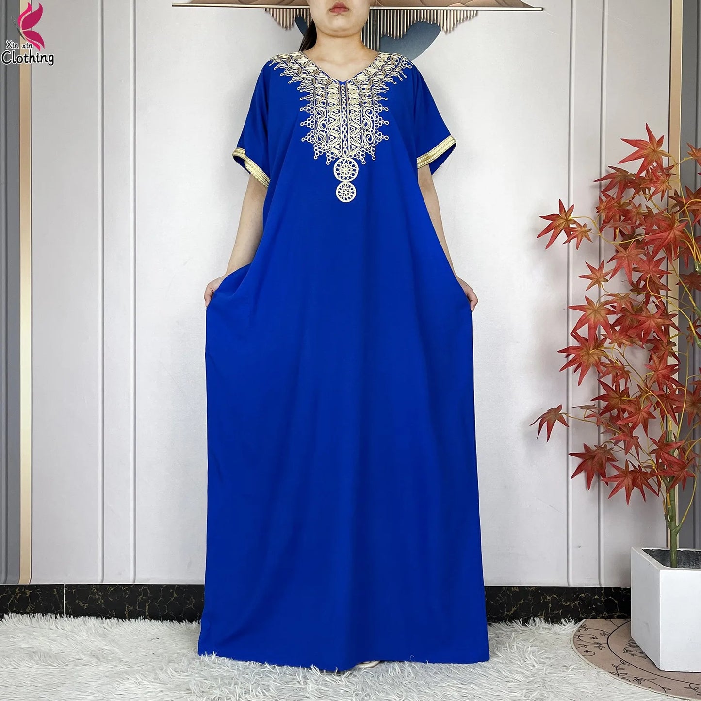 2026 New Summer Short Sleeve African Abaya Cotton Pure Color Embroidery Loose Woman Maxi Islam Tradition Dresses With Headscarf