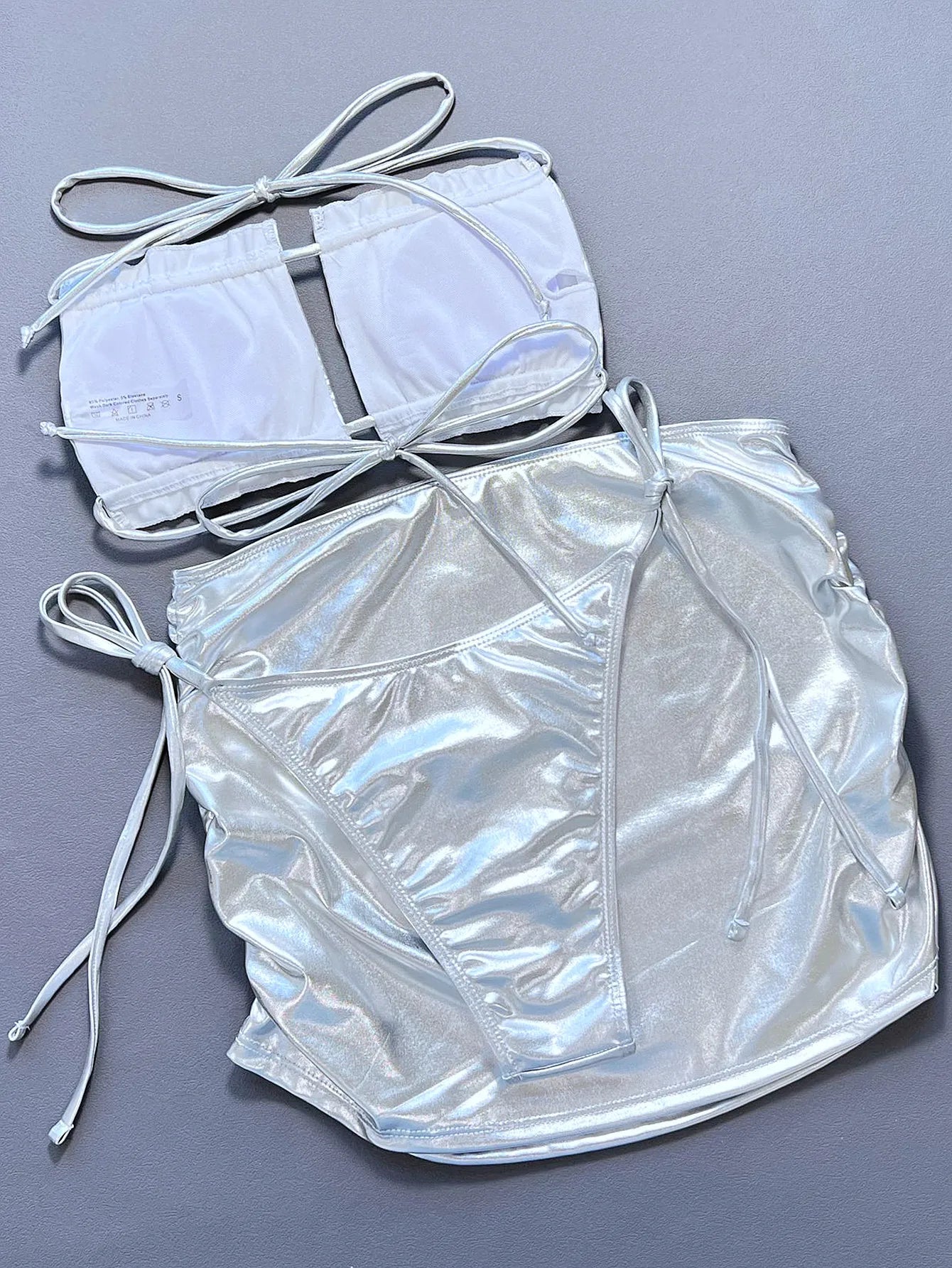 Silver Metallic 3-Piece Bikini Set — Strapless Ruffle Top, High Waist Bottoms & Mini Skirt | Women's Swimwear