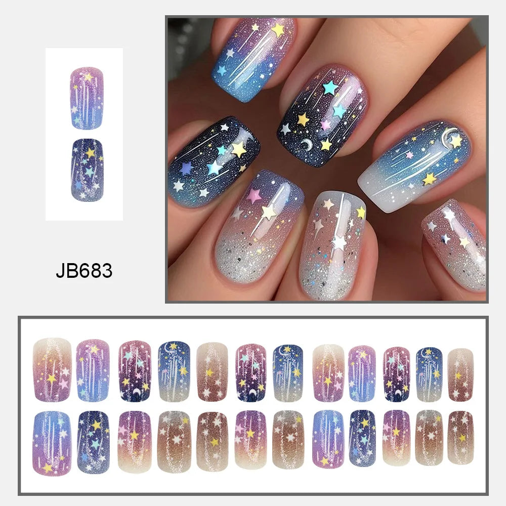 Short Coffin Press-On Nails – Stars & Moon, 24-Piece Set