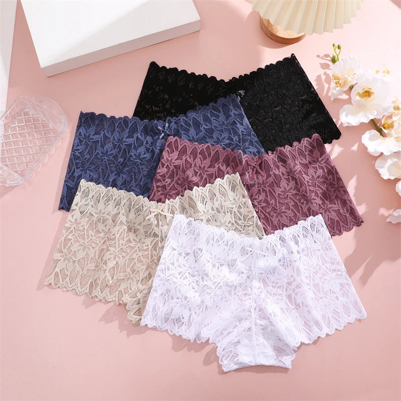 3-Pack Lace Boyshort Panties – Low-Rise Floral Underwear for Women (S–XL, 14 Color Sets)