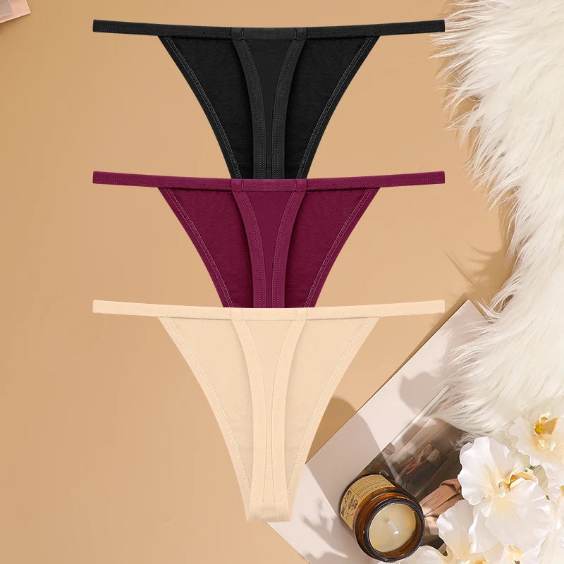 FINETOO 3PCS/Set Sexy Women Cotton G-String Underwear Low Waist Panties Girl T-back Panty Soft Thin Strap Femme Thong Lingerie