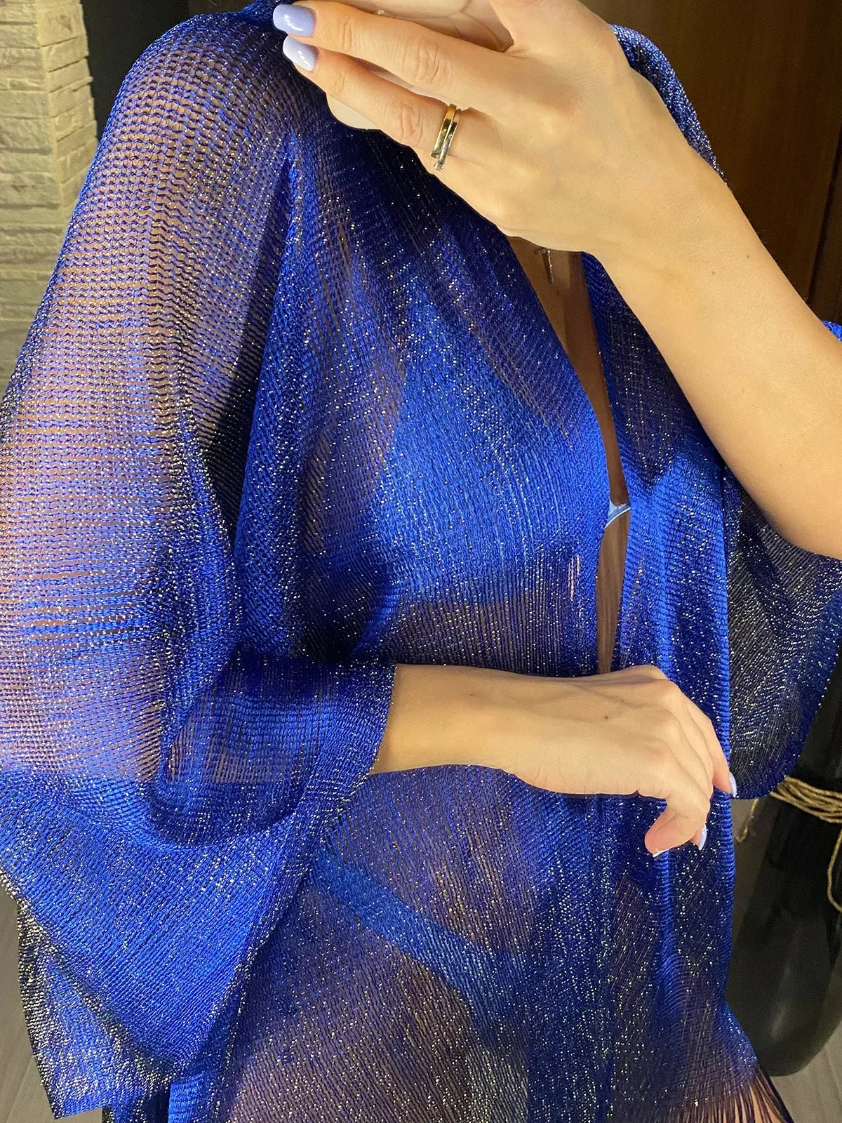 Metallic Tassel Trim Beach Cover-Up — Sheer Kimono | Women's Swimwear