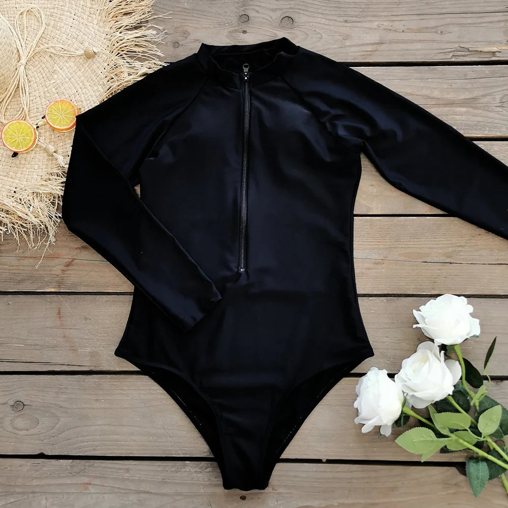 Color Block Surfing One-Piece Swimsuit — Long Sleeve Zipper | Women's Sport Swimwear