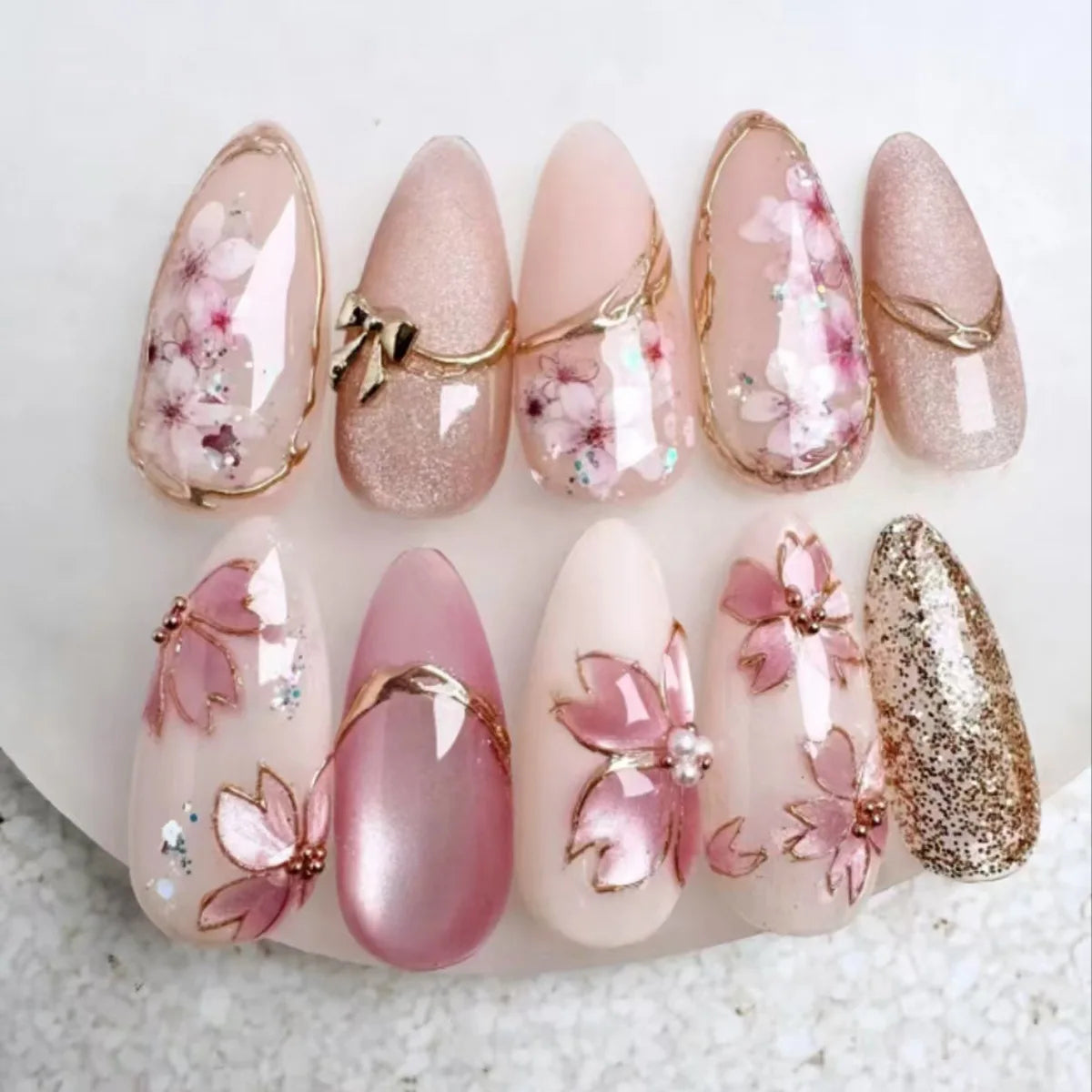 Pink Floral Press-On Nails – Almond Flower Designs, 24 Pieces