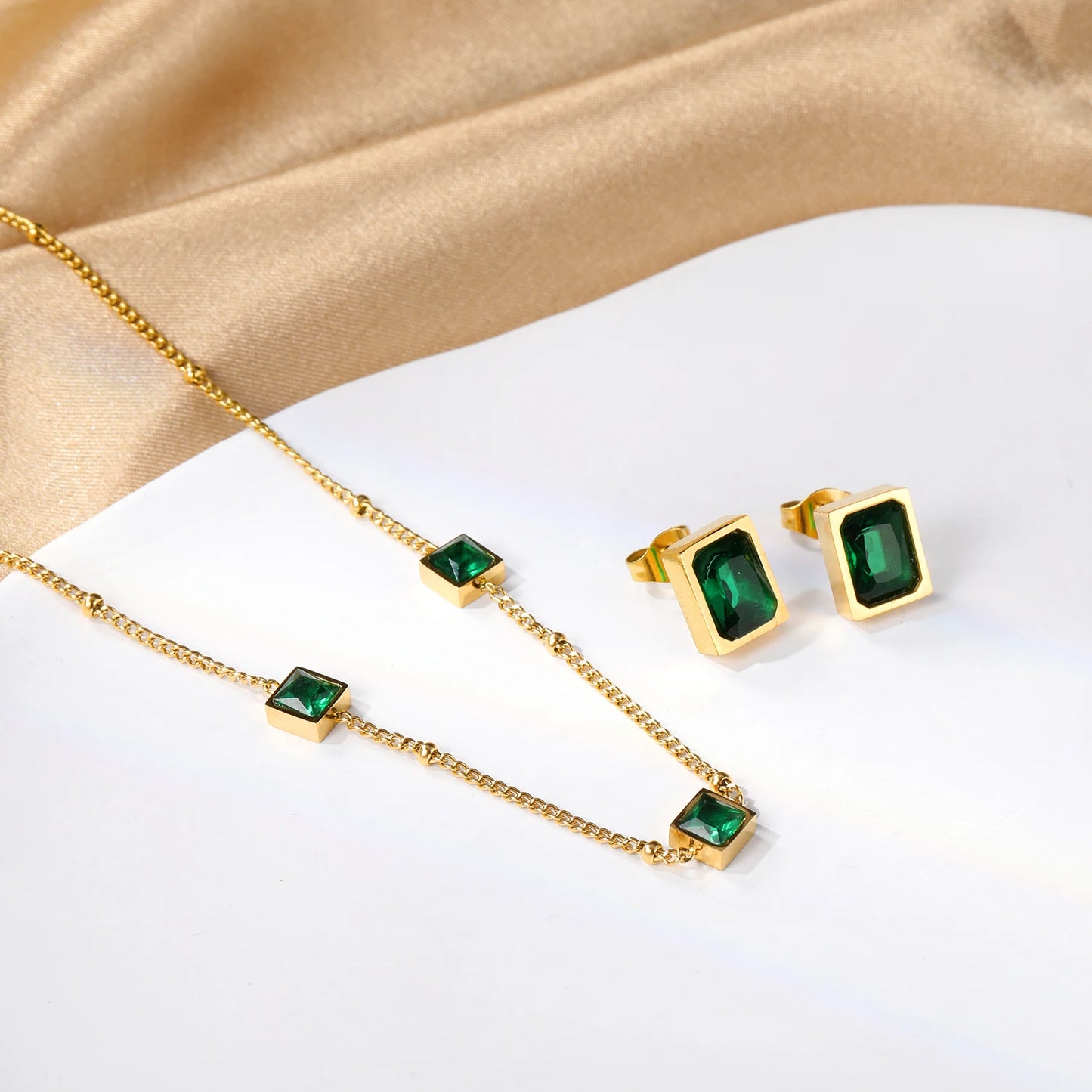 Green Zirconia Jewelry Set – Luxury CZ Crystal Necklace & Earrings for Women