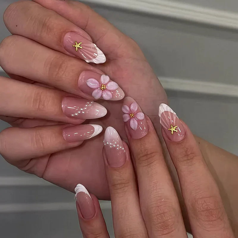 Almond Press-On Nails - 3D Floral, Butterfly & French Tip, 24 Pieces