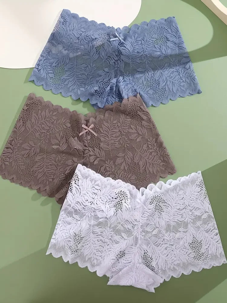3-Pack Ice Silk Lace Boyshort Briefs – Seamless Low-Rise Underwear for Women (S–XL, 6 Color Sets)