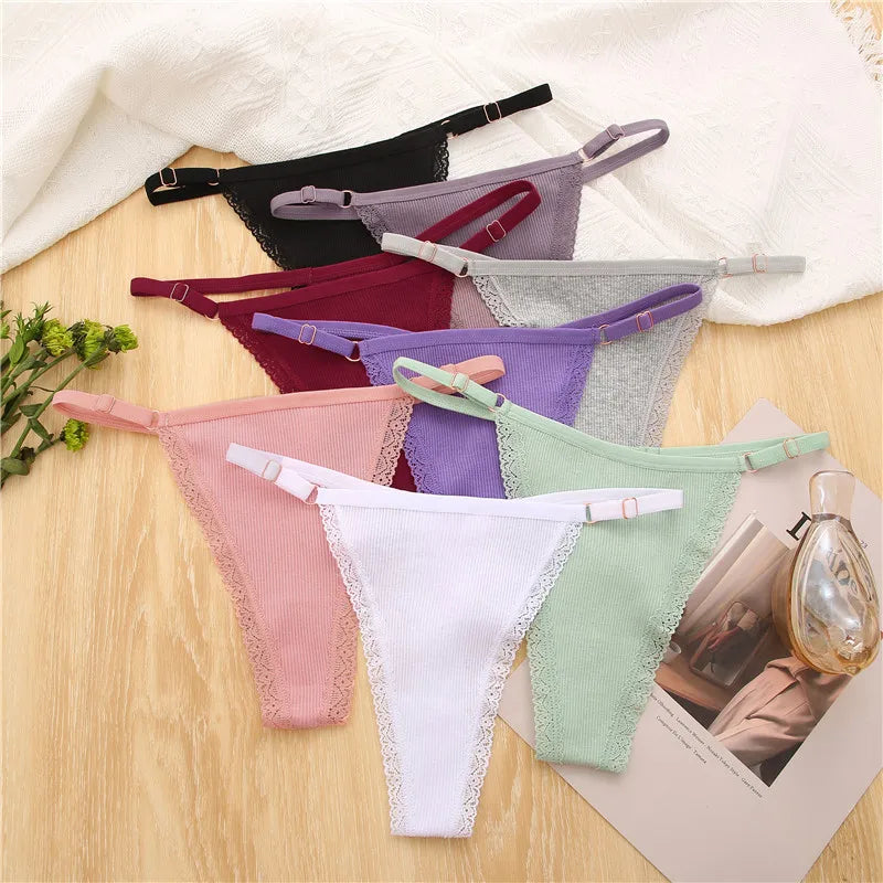 Women's Cotton Lace G-String Thongs – 4-Piece Set | Low Rise Adjustable Waistband Hipster Underwear (S–XL)