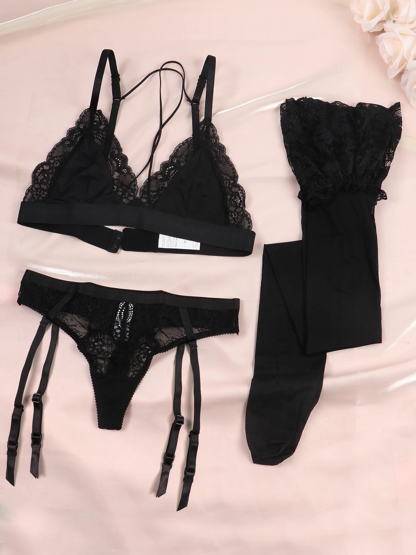 Floral Lace Bralette Lingerie Set — Wire-Free Bra, Thong, Garter Belt & Stockings | Women's Lingerie