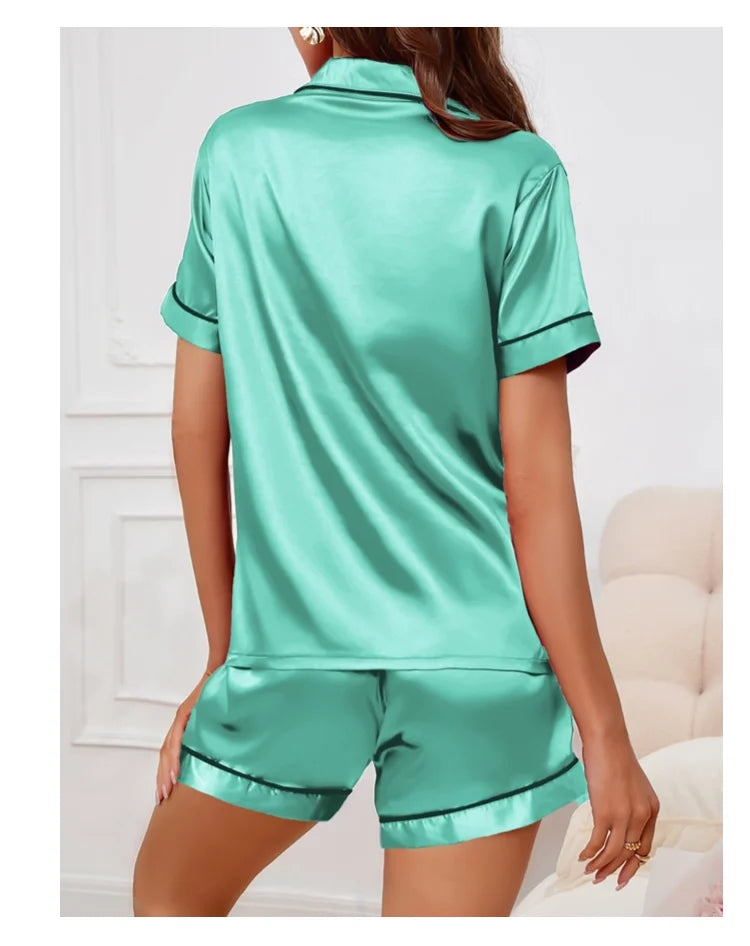 Satin Pajamas Set — Short Sleeve Button Top & Shorts | Women's Summer Sleepwear
