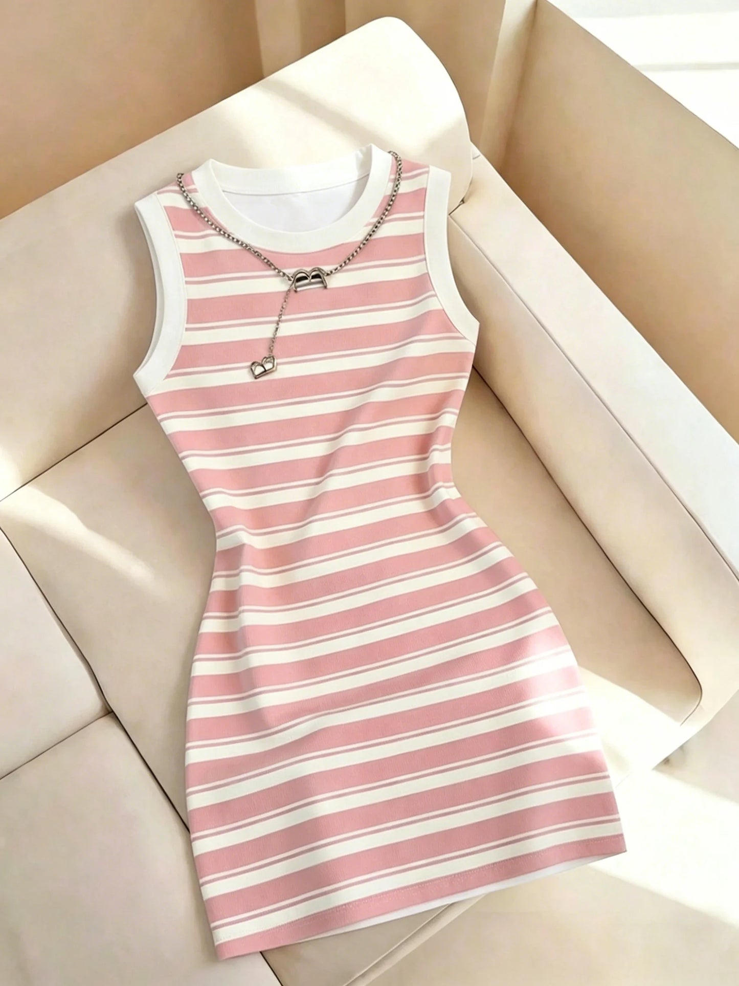 Women's Spring/Summer Casual Elegant Sleeveless Slim-Fit Round Neck Striped Print Dress