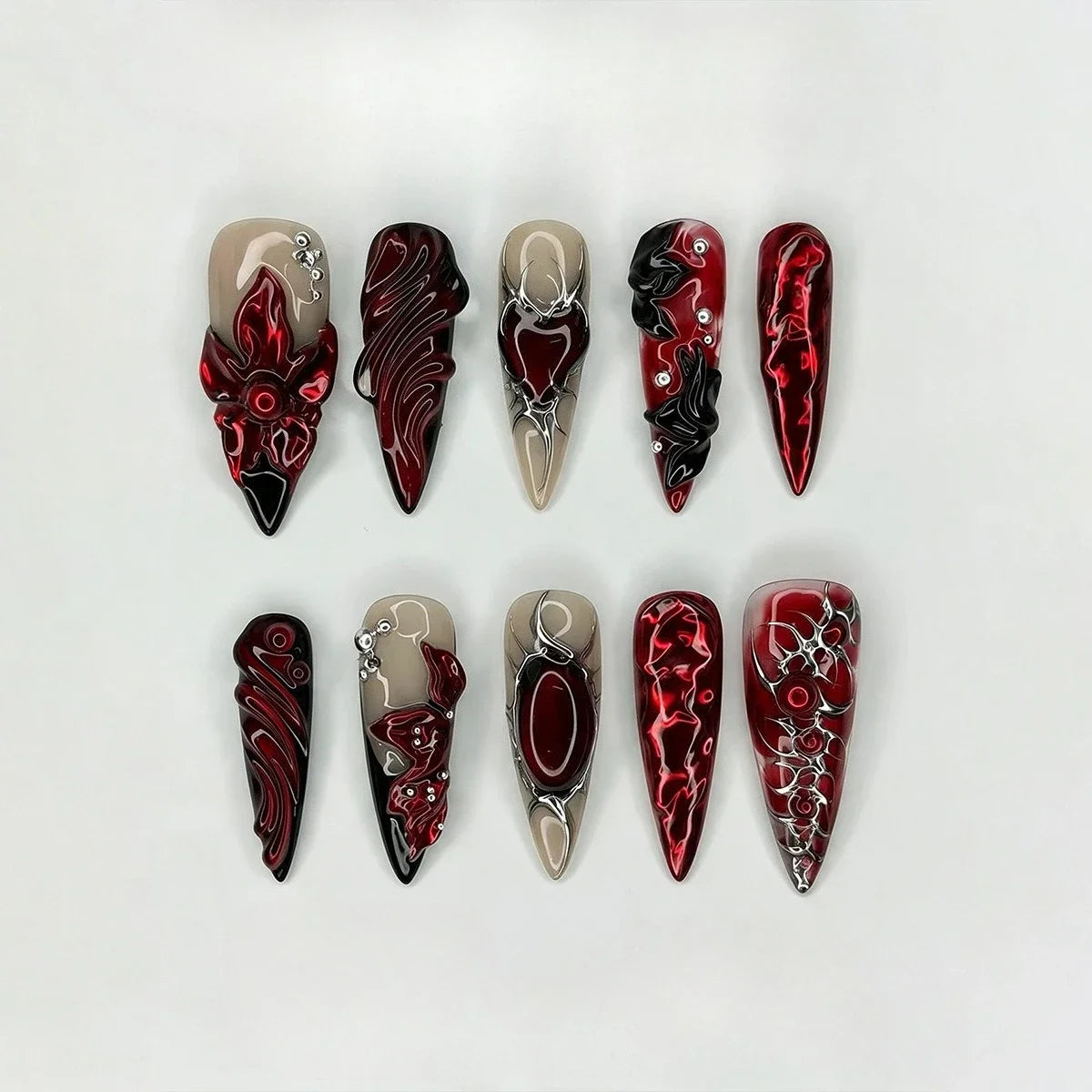 Halloween Press-On Nails – Red & Black Stripe and Silver Rivet Designs, 24 Pieces