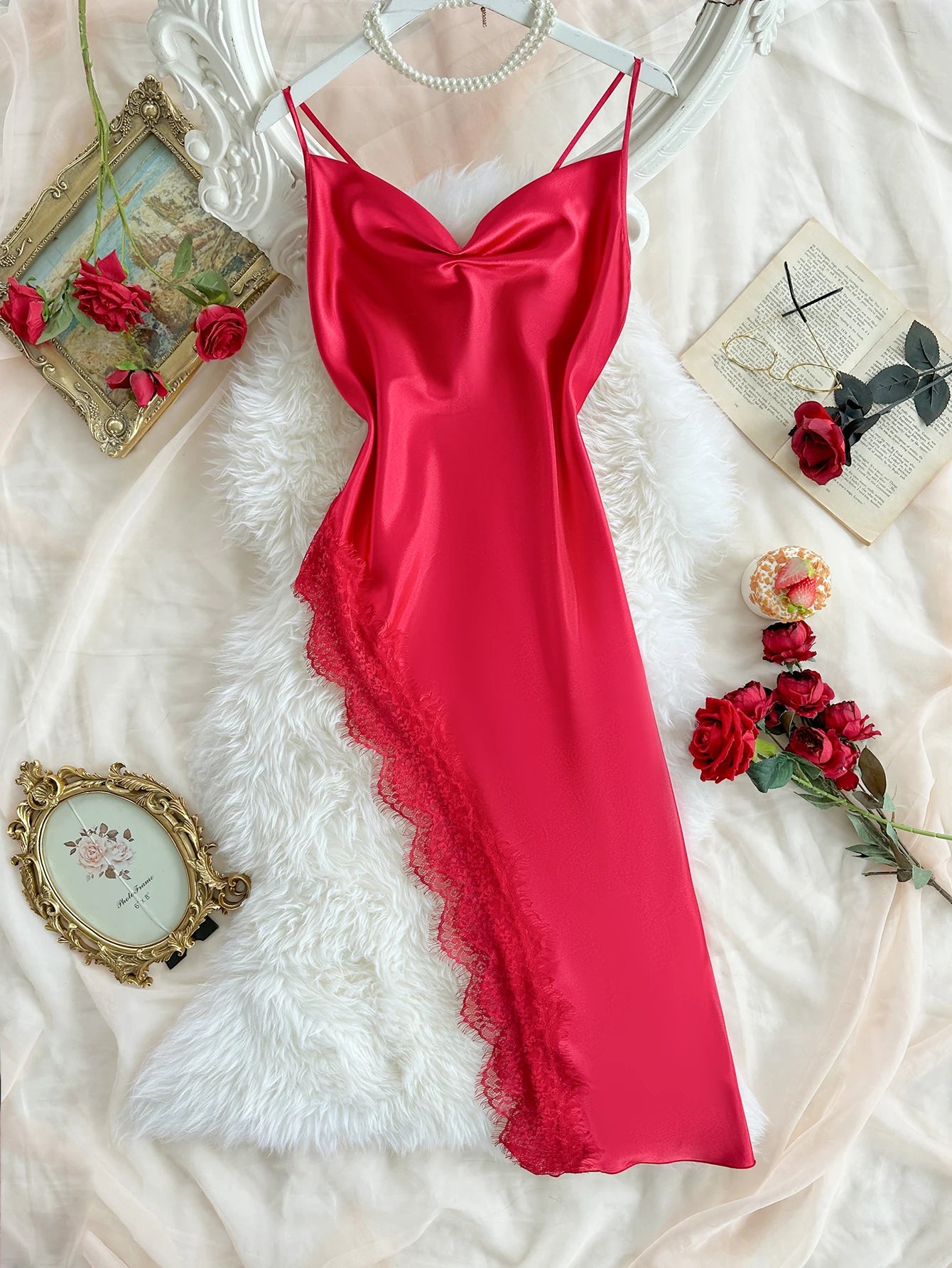 Lace Trim Satin Midi Nightgown — Cowl Neck Spaghetti Strap | Women's Elegant Sleepwear