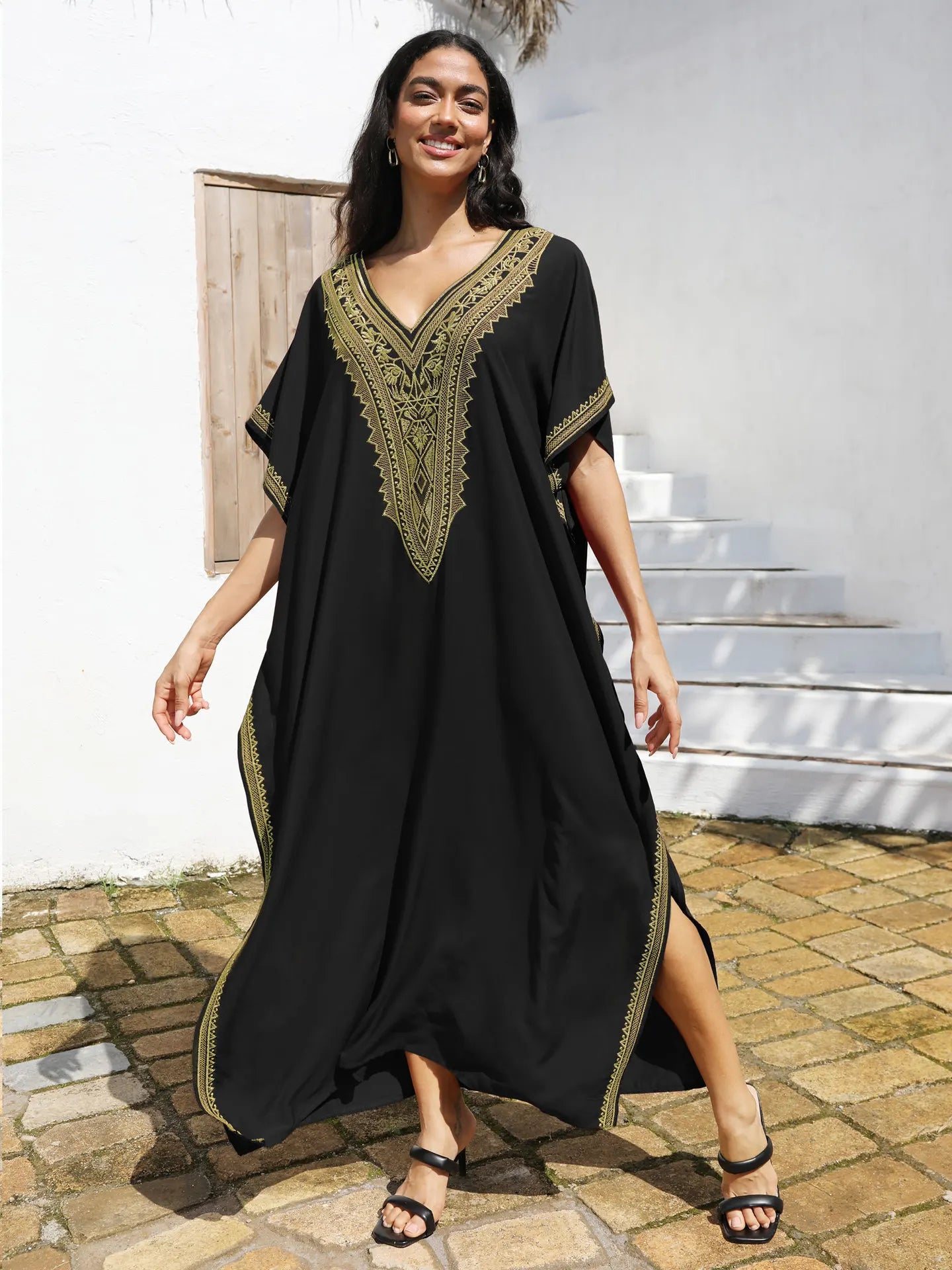 Embroidery Beach Cover-Up Kaftan — Loose V-Neck Long Robe | Women's Swimsuit Cover-Up