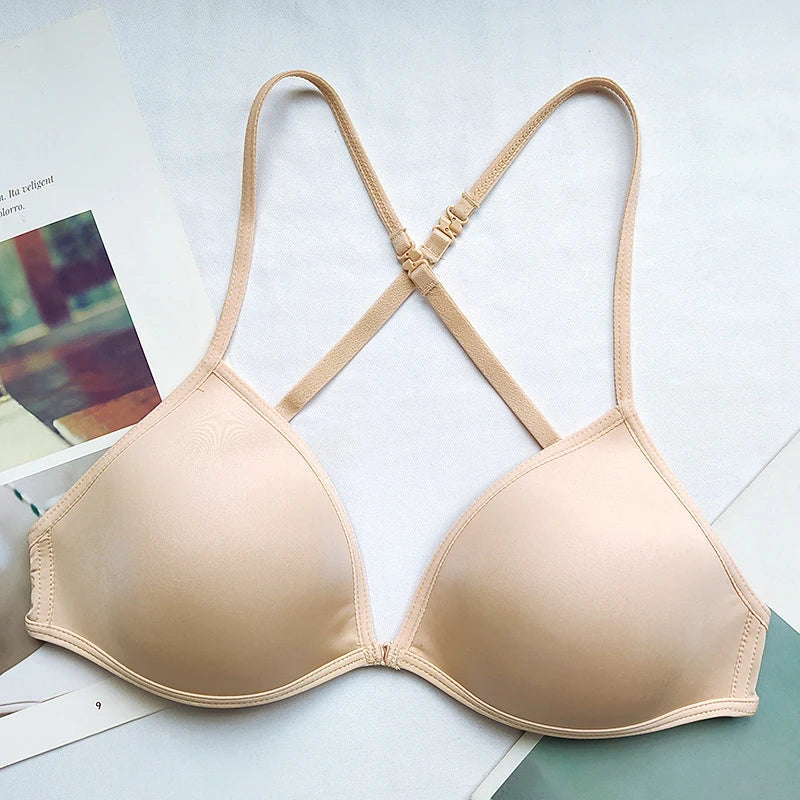 Triangle Cup Front-Closure Bralette — Seamless Wire-Free Cross-Back Bra