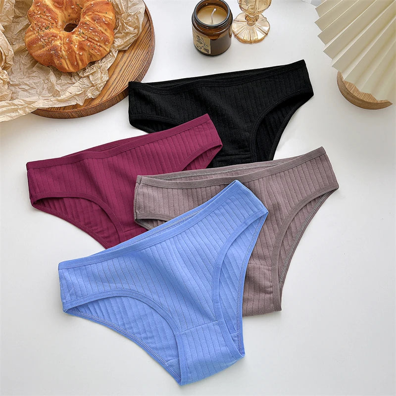 FINETOO 3PCS/SET Cotton Ribbed Striped Underwear for Women Plus Size 10 Soild Colours Stretch Briefs Ladies Soft Lingerie S-7XL