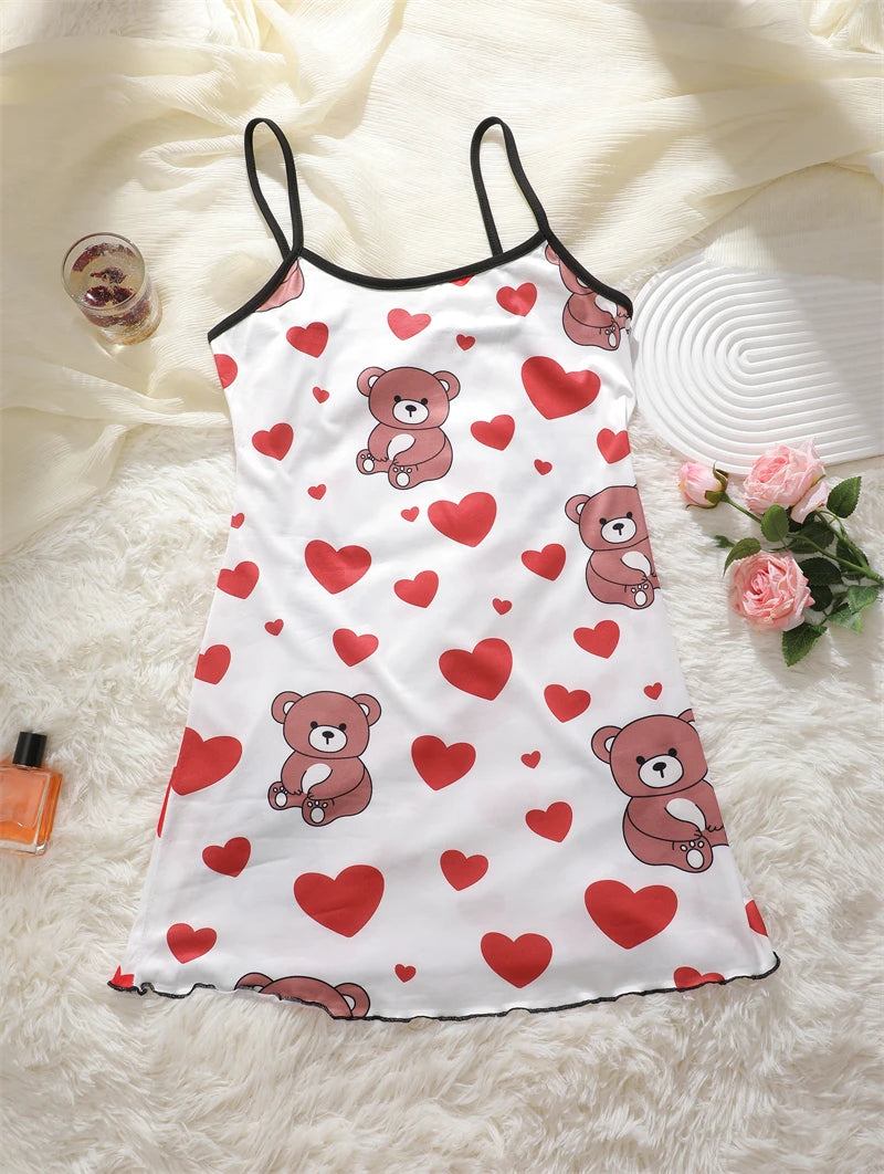 Butterfly Print Satin Sleep Dress — Spaghetti Strap Mini Nightgown