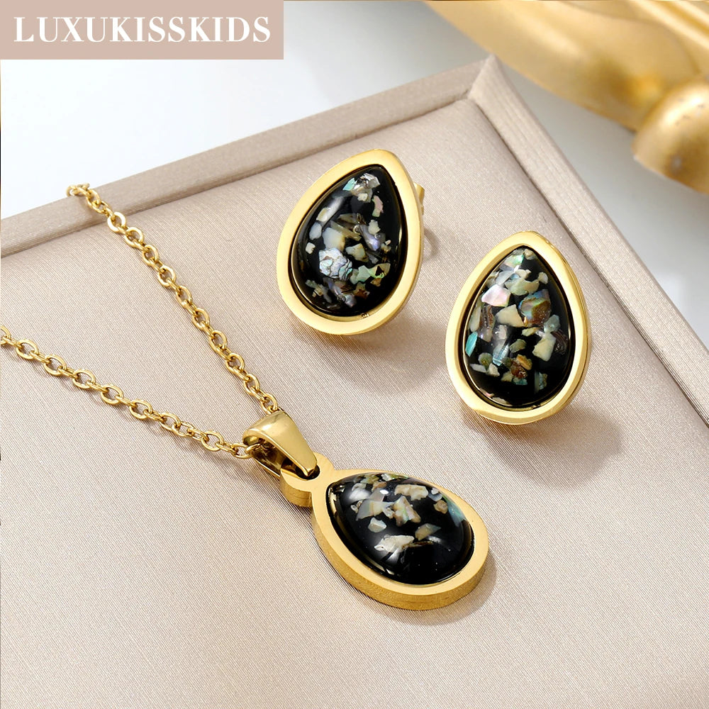 LUXUKISSKIDS Fashion Water Drop Choker Necklace Earrings Sets Stainless Steel Woman/Girls Luxury Jewelry Set Wedding Accessories