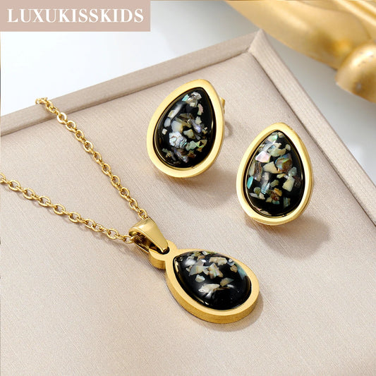 LUXUKISSKIDS Fashion Water Drop Choker Necklace Earrings Sets Stainless Steel Woman/Girls Luxury Jewelry Set Wedding Accessories