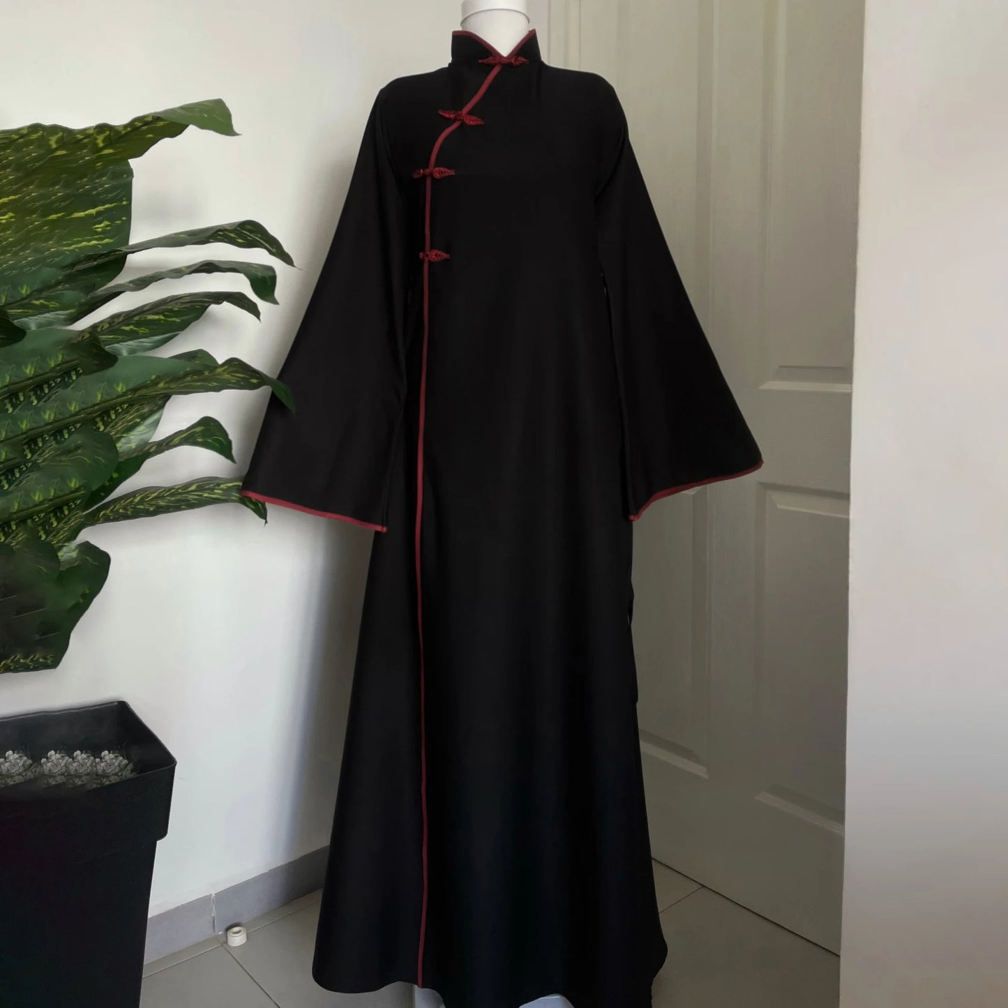 2026 New KT Women's Black Qipao Style Maxi Dress, Red Trim Frog Buttons, Flared Sleeve Modest Abaya