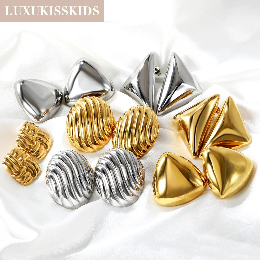 Large Geometric Stud Earrings – 18K Gold-Plated Stainless Steel Round Piercing Earrings for Women