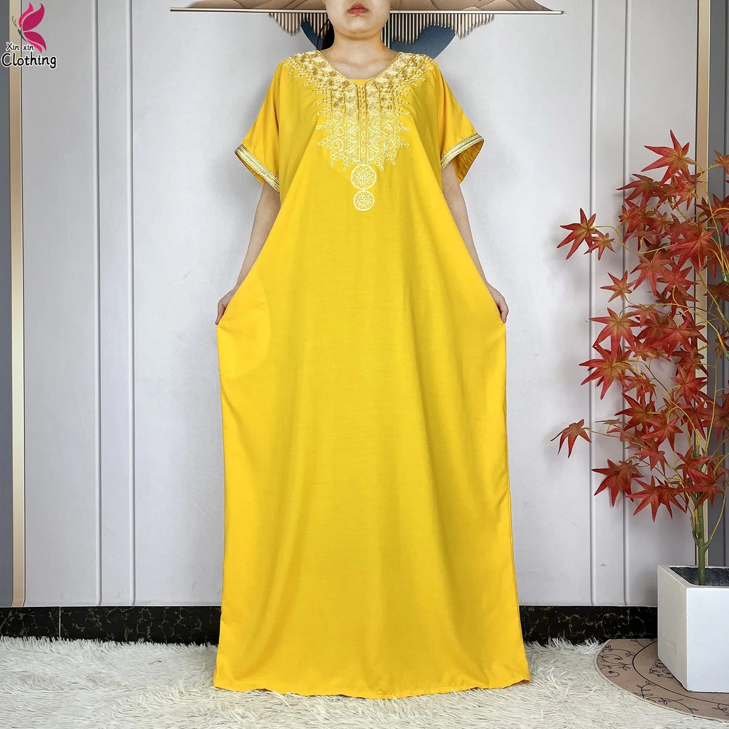 2026 New Summer Short Sleeve African Abaya Cotton Pure Color Embroidery Loose Woman Maxi Islam Tradition Dresses With Headscarf
